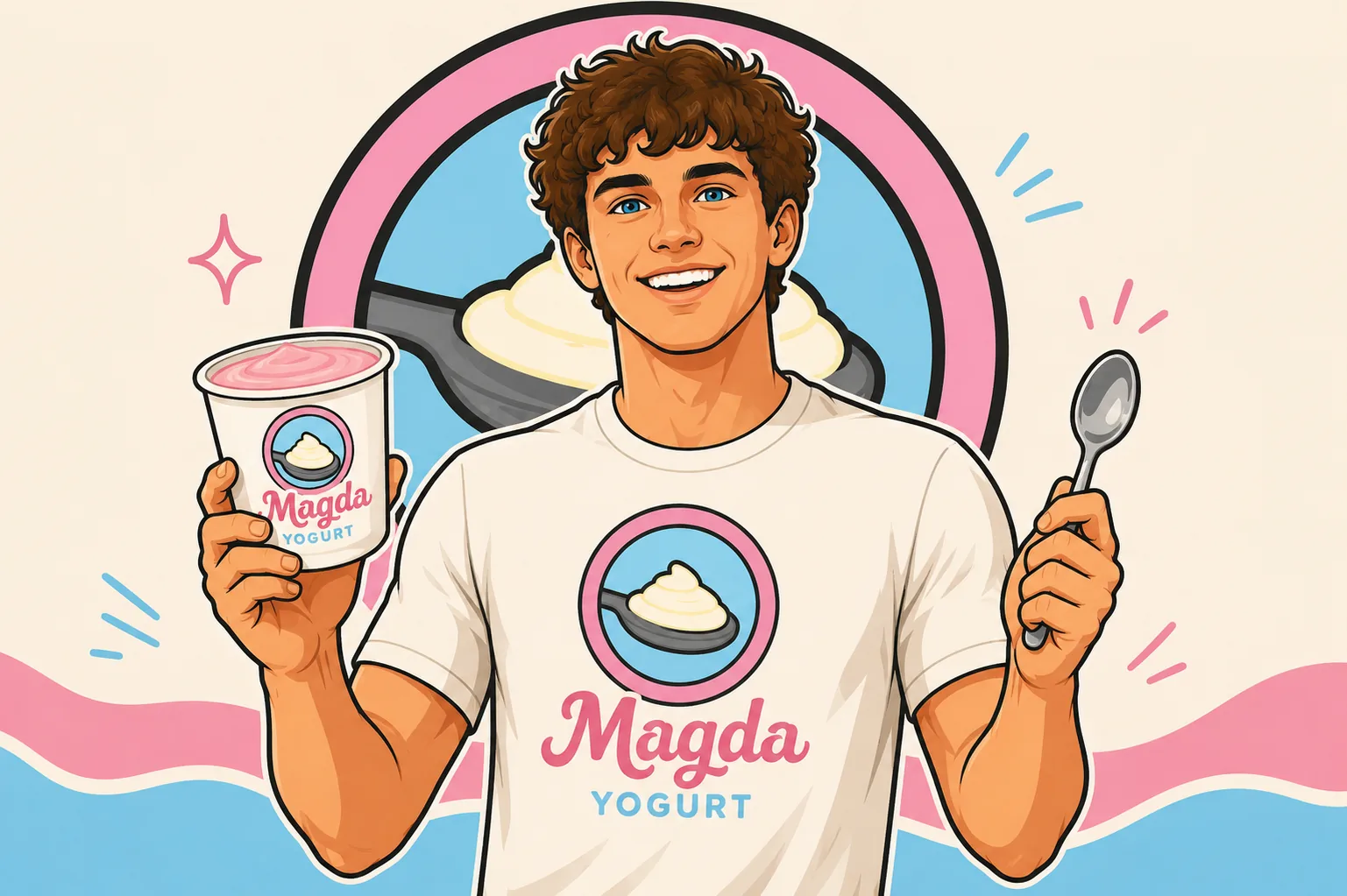Illustration of Dylan holding yogurt and a spoon
